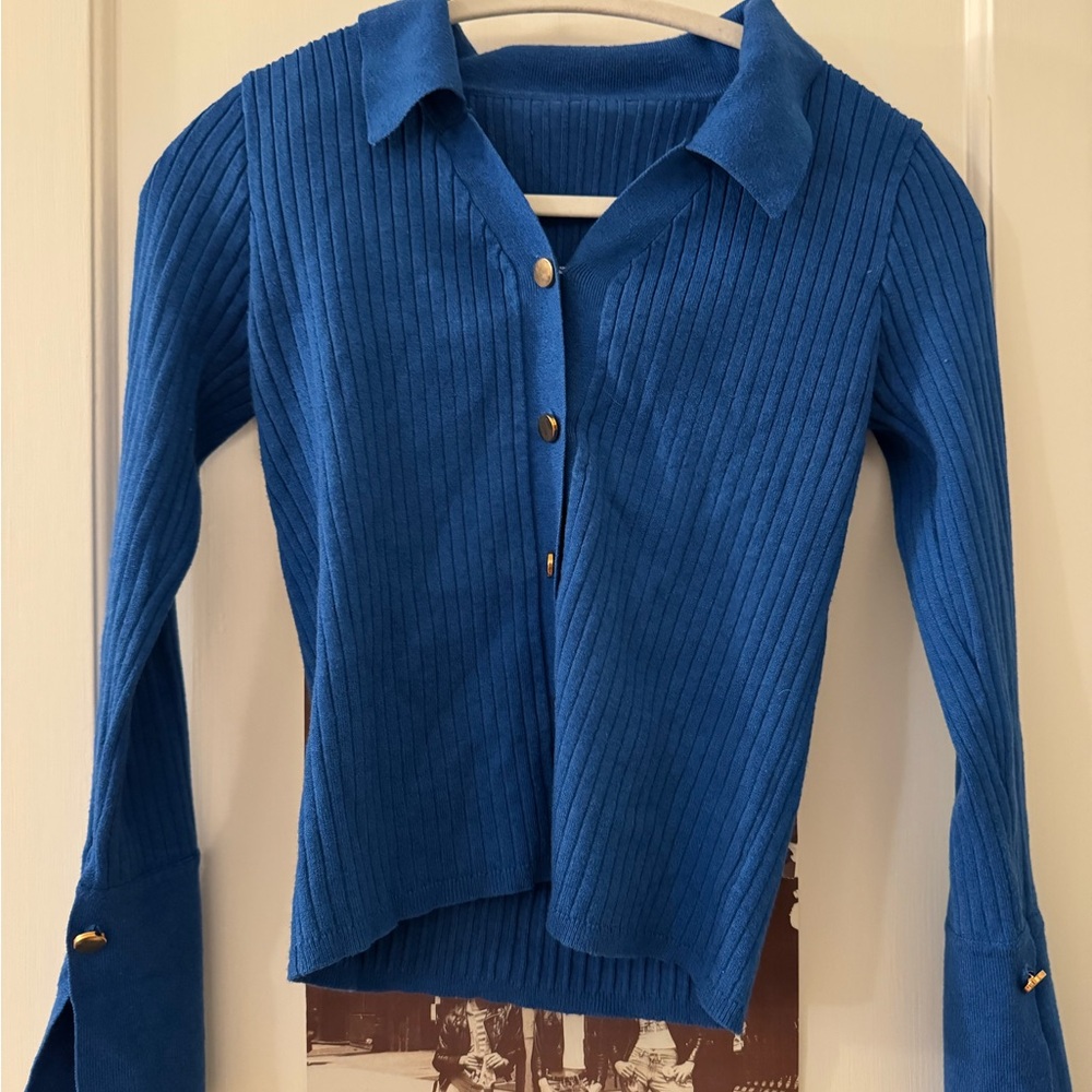 Blue Ribbed Cardigan with Gold Buttons